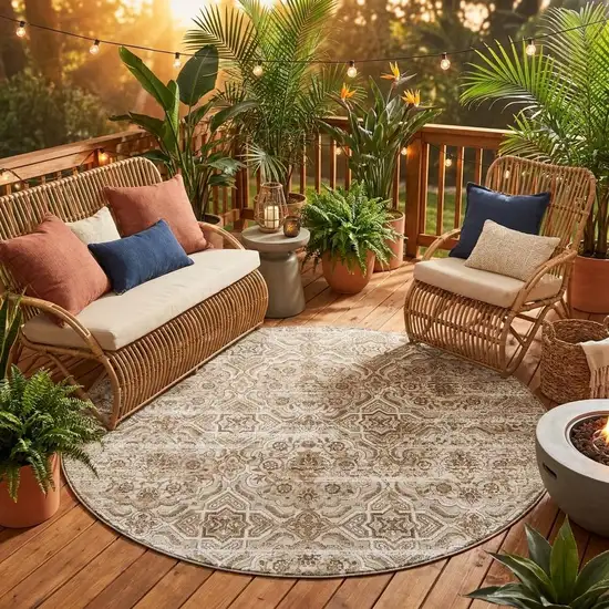 8' Beige And Brown Round Floral Washable Indoor Outdoor Area Rug Photo 1