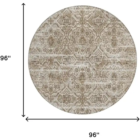 8' Beige And Brown Round Floral Washable Indoor Outdoor Area Rug Photo 7