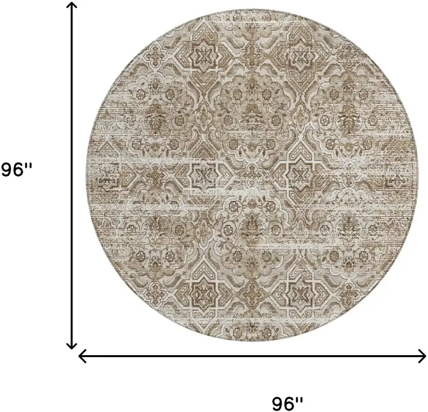 8' Beige And Brown Round Floral Washable Indoor Outdoor Area Rug Photo 7