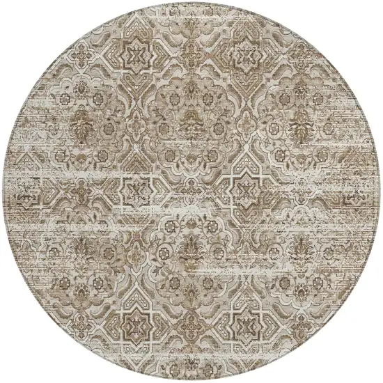 8' Beige And Brown Round Floral Washable Indoor Outdoor Area Rug Photo 2