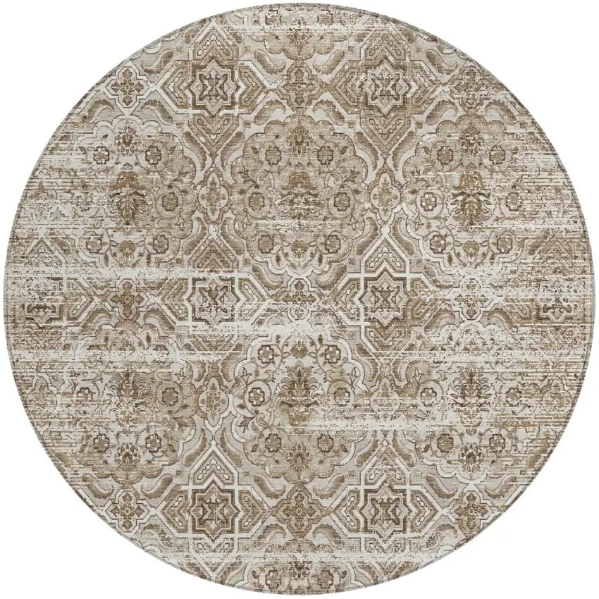 8' Beige And Brown Round Floral Washable Indoor Outdoor Area Rug Photo 2