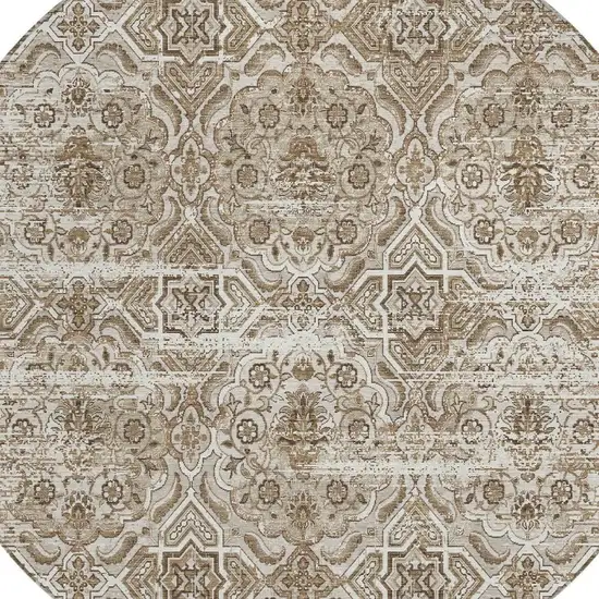 8' Beige And Brown Round Floral Washable Indoor Outdoor Area Rug Photo 3