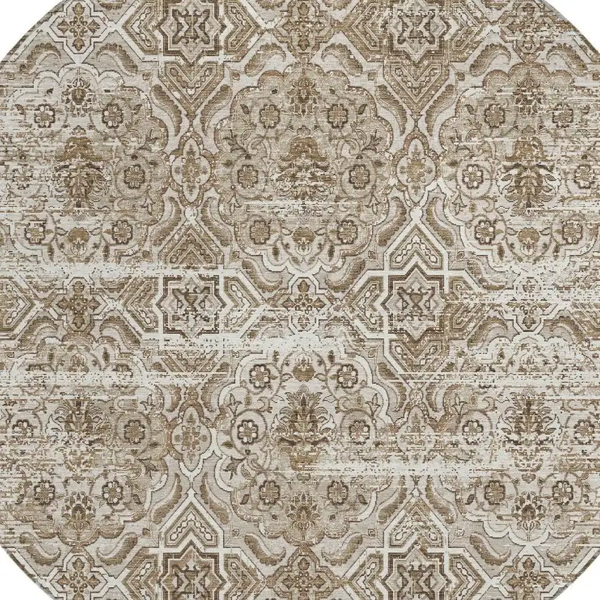 8' Beige And Brown Round Floral Washable Indoor Outdoor Area Rug Photo 3