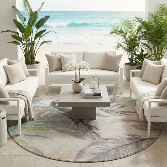 8' Beige And Brown Round Floral Washable Indoor Outdoor Area Rug Photo 1