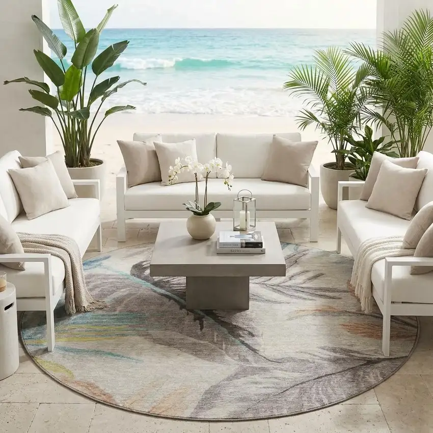 8' Beige And Brown Round Floral Washable Indoor Outdoor Area Rug Photo 1