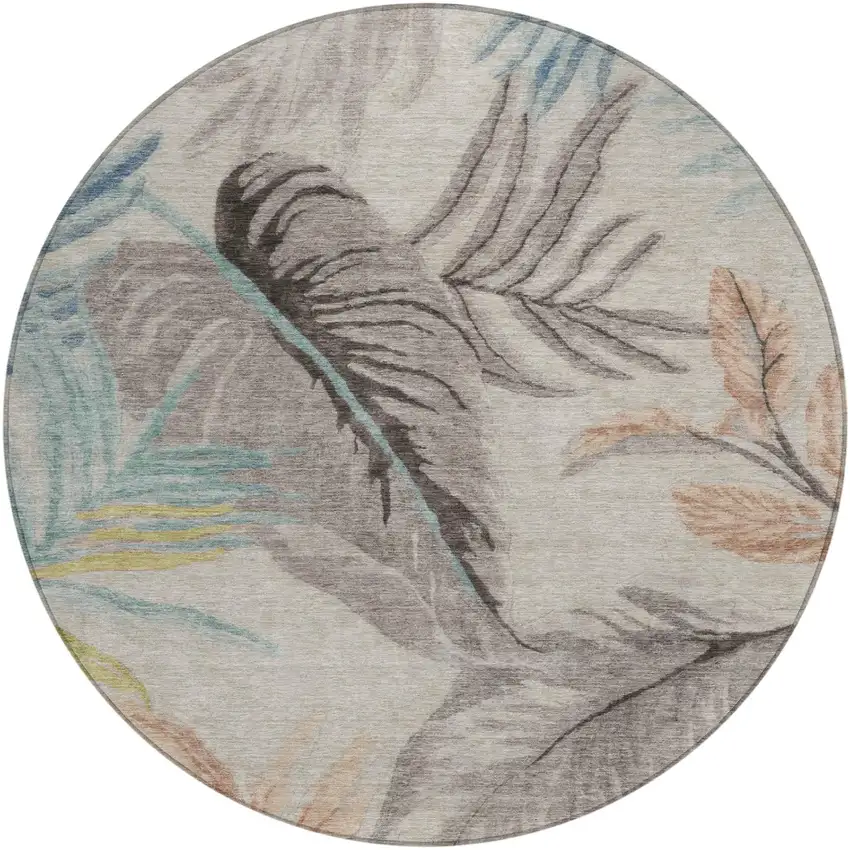 8' Beige And Brown Round Floral Washable Indoor Outdoor Area Rug Photo 2