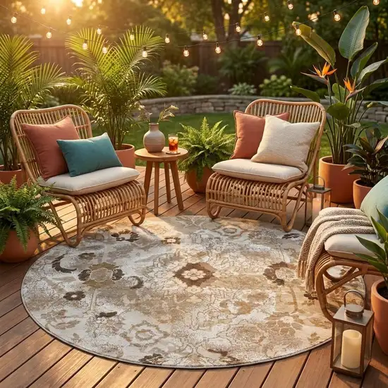 8' Beige And Brown Round Floral Washable Indoor Outdoor Area Rug Photo 1