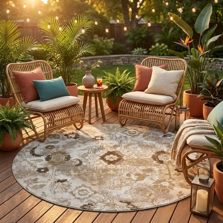 8' Beige And Brown Round Floral Washable Indoor Outdoor Area Rug Photo 1