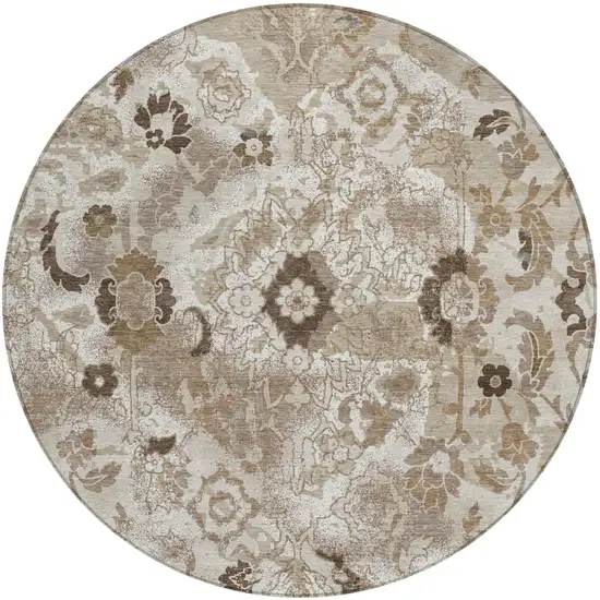 8' Beige And Brown Round Floral Washable Indoor Outdoor Area Rug Photo 2