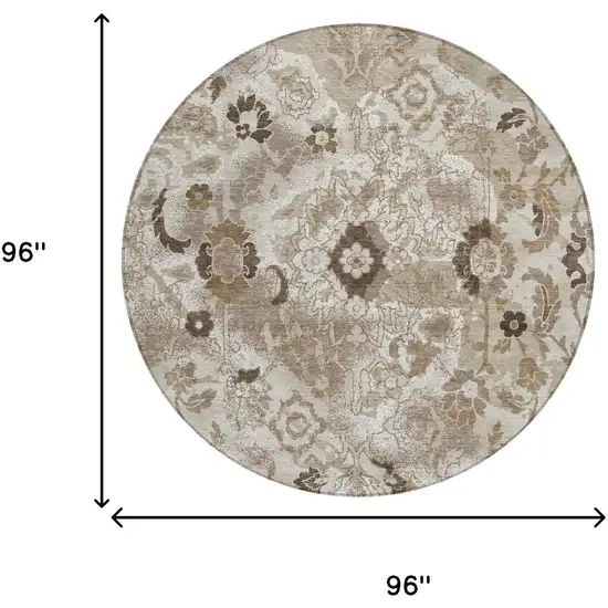 8' Beige And Brown Round Floral Washable Indoor Outdoor Area Rug Photo 5