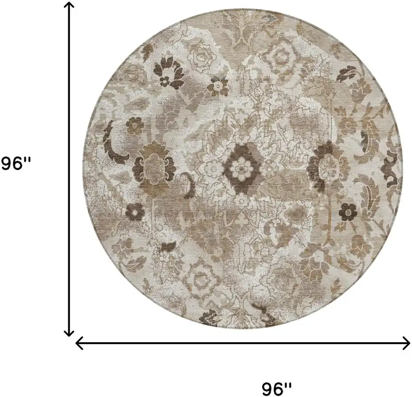 8' Beige And Brown Round Floral Washable Indoor Outdoor Area Rug Photo 5