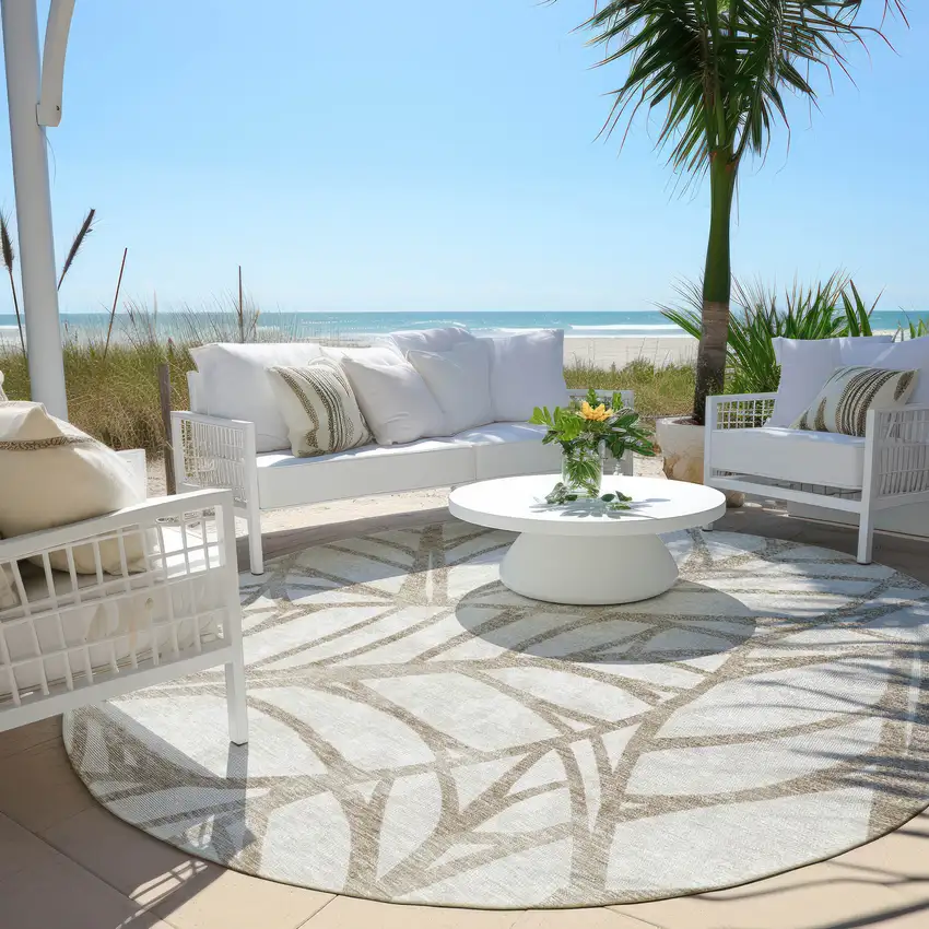 8' Beige And Brown Round Floral Washable Indoor Outdoor Area Rug Photo 6