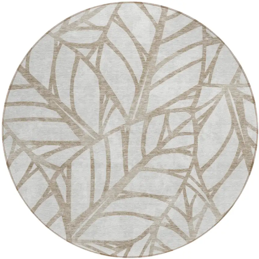 8' Beige And Brown Round Floral Washable Indoor Outdoor Area Rug Photo 1