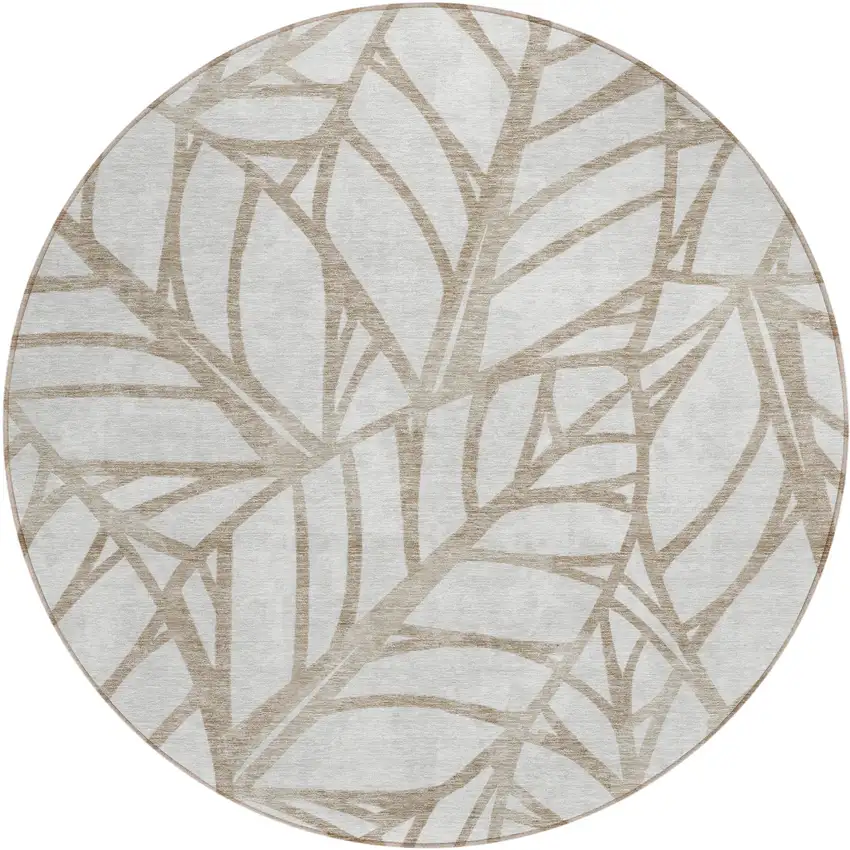 8' Beige And Brown Round Floral Washable Indoor Outdoor Area Rug Photo 1