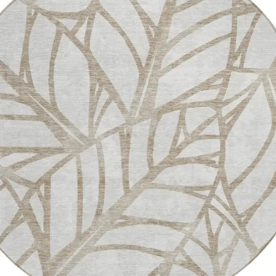 8' Beige And Brown Round Floral Washable Indoor Outdoor Area Rug Photo 4