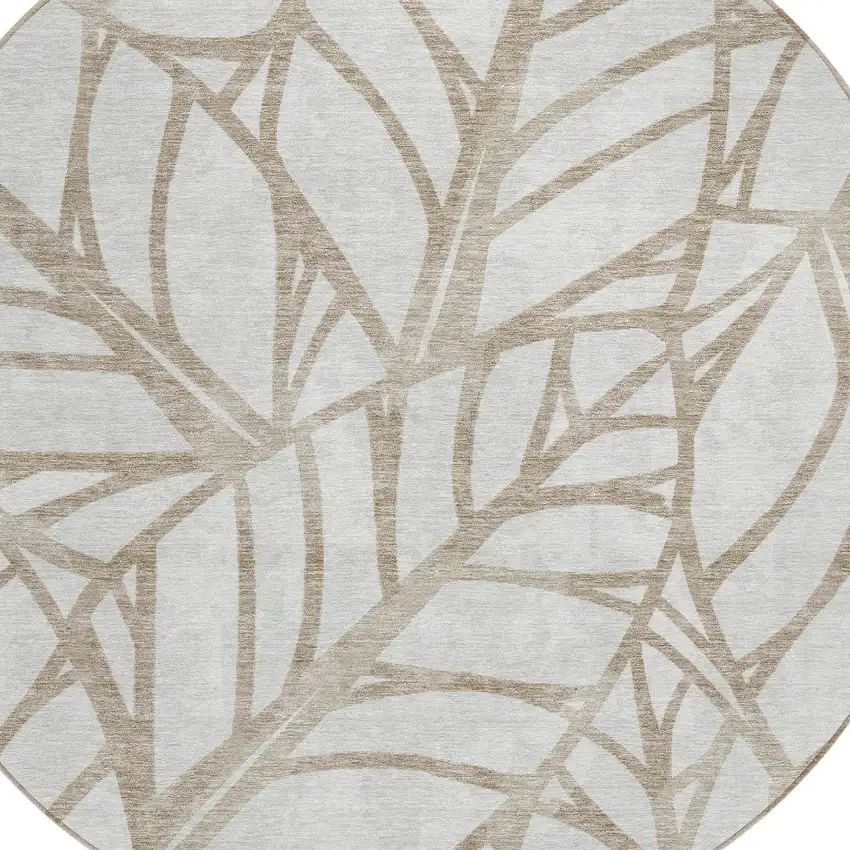 8' Beige And Brown Round Floral Washable Indoor Outdoor Area Rug Photo 4