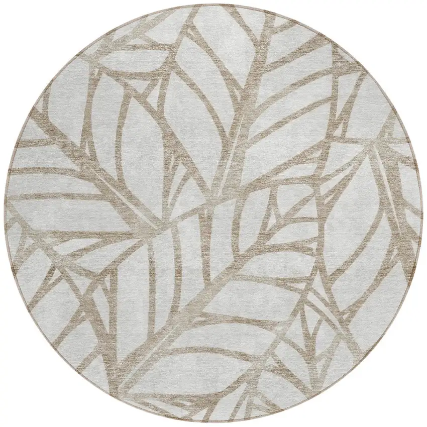 8' Beige And Brown Round Floral Washable Indoor Outdoor Area Rug Photo 5