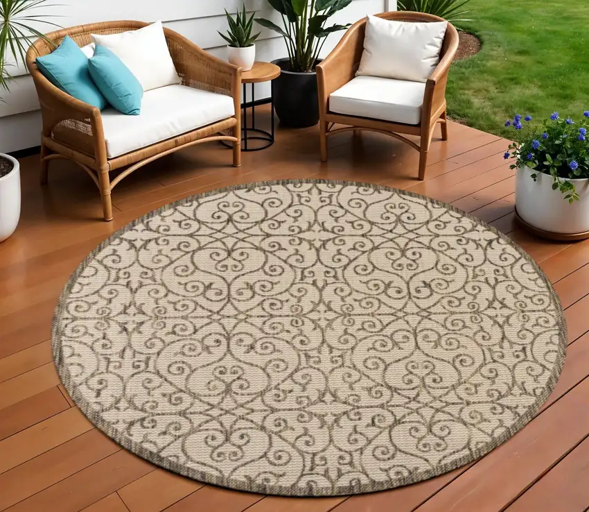 8' Beige And Brown Round Geometric Indoor Outdoor Area Rug Photo 1