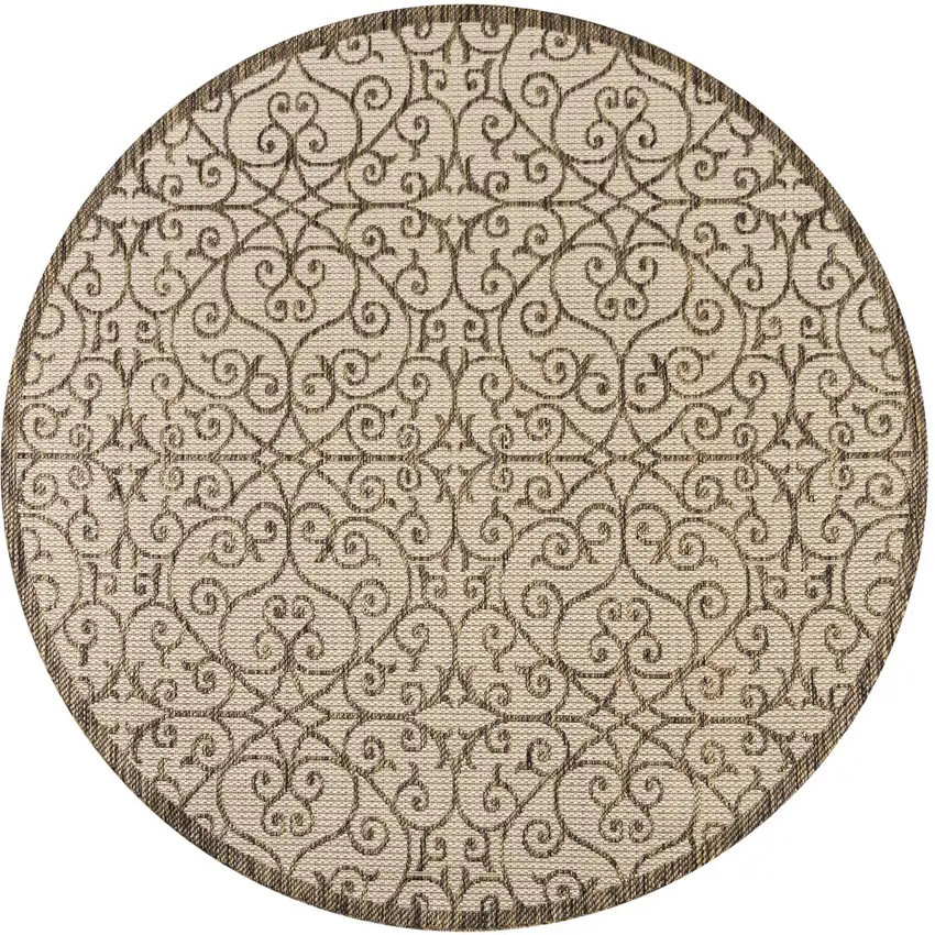 9' Beige And Brown Round Geometric Indoor Outdoor Area Rug Photo 1