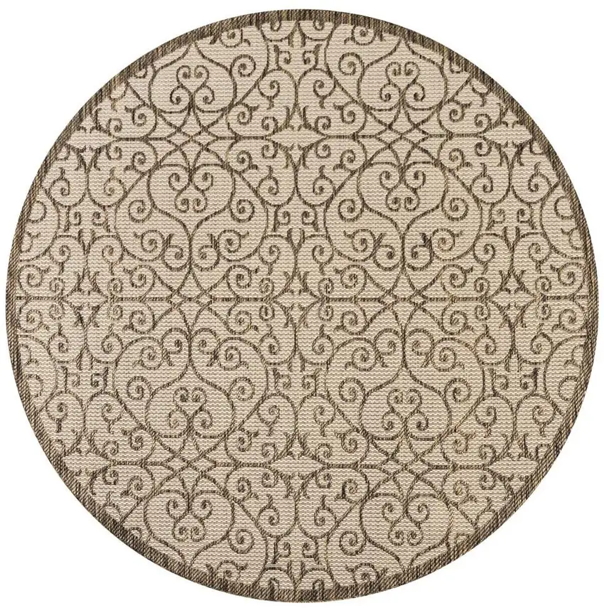 9' Beige And Brown Round Geometric Indoor Outdoor Area Rug Photo 3