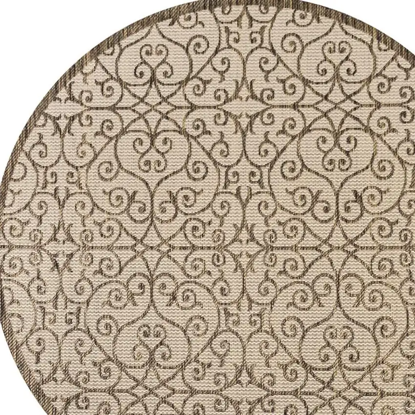 9' Beige And Brown Round Geometric Indoor Outdoor Area Rug Photo 2