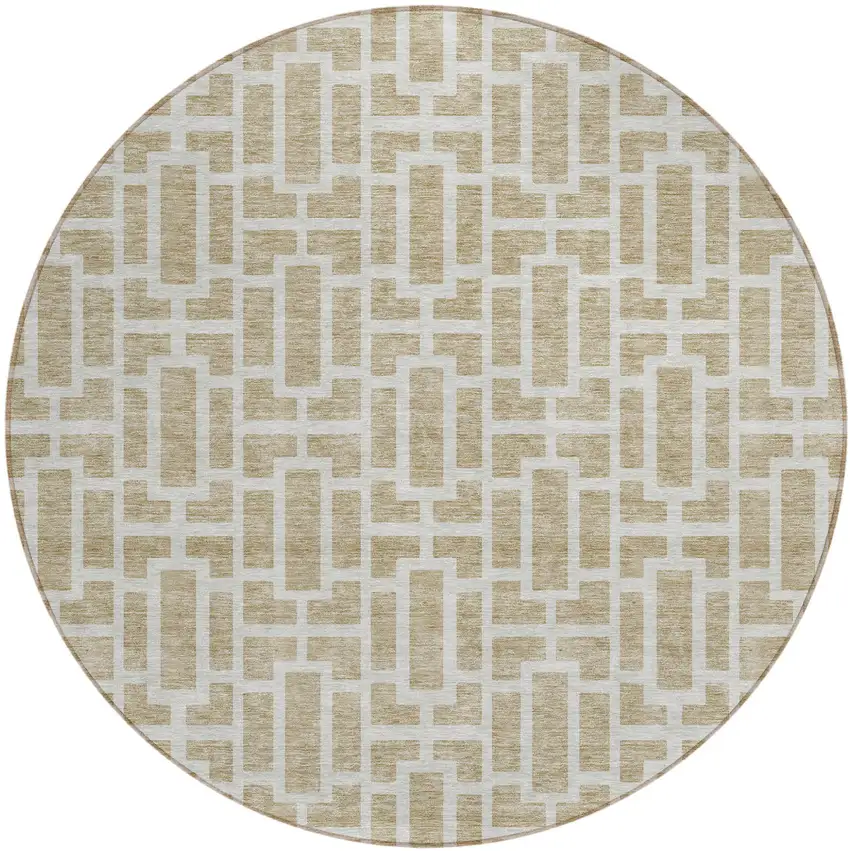 8' Beige And Brown Round Geometric Washable Indoor Outdoor Area Rug Photo 2