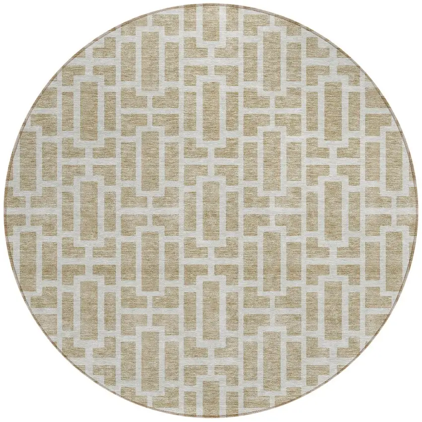 8' Beige And Brown Round Geometric Washable Indoor Outdoor Area Rug Photo 5