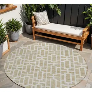 Photo of 8' Beige And Brown Round Geometric Washable Indoor Outdoor Area Rug