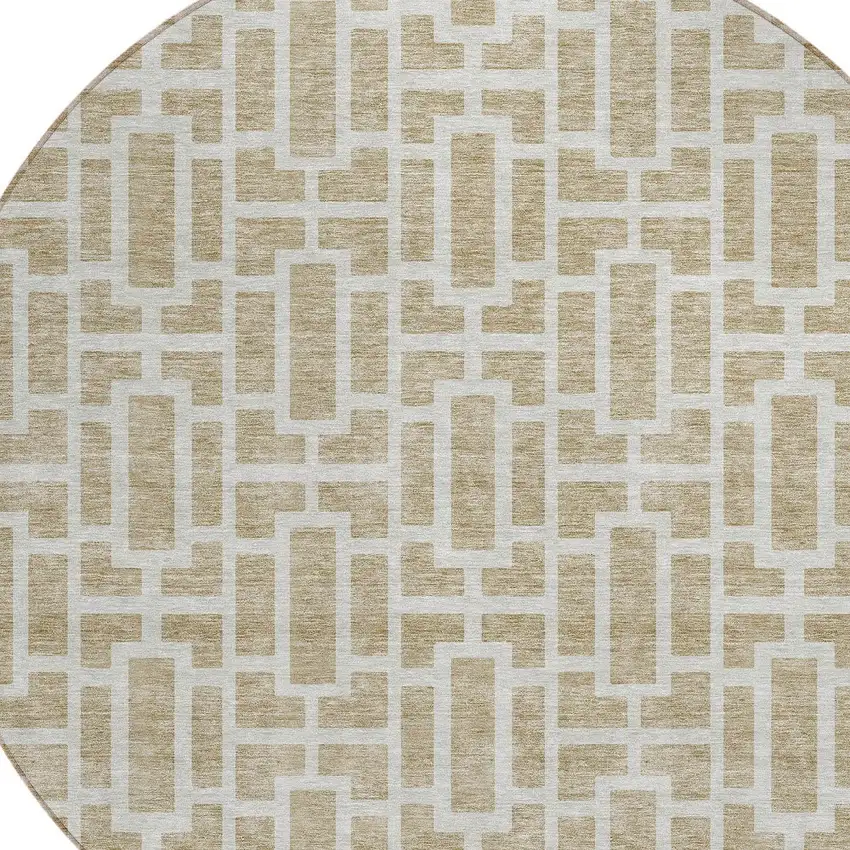 8' Beige And Brown Round Geometric Washable Indoor Outdoor Area Rug Photo 4