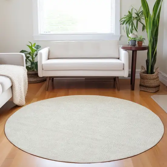 8' Beige And Brown Round Geometric Washable Indoor Outdoor Area Rug Photo 8