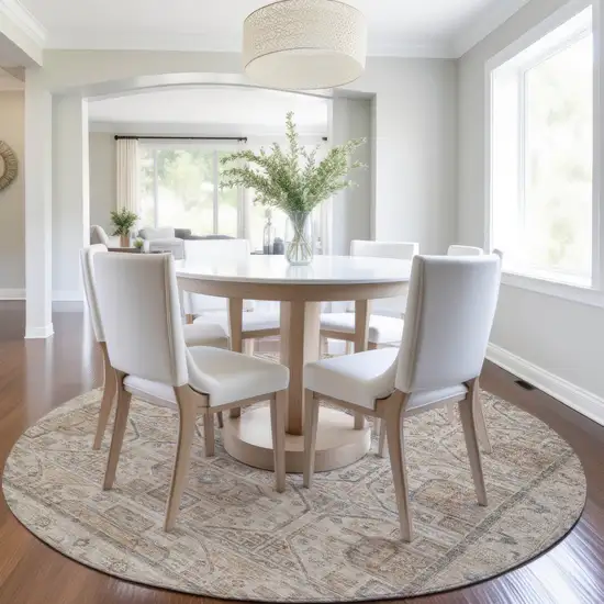 8' Beige And Brown Round Geometric Washable Indoor Outdoor Area Rug Photo 7