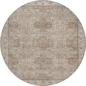 Photo of 8' Beige And Brown Round Geometric Washable Indoor Outdoor Area Rug