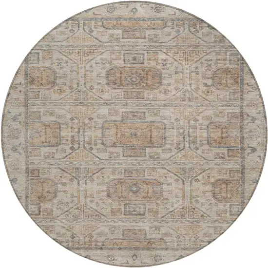 8' Beige And Brown Round Geometric Washable Indoor Outdoor Area Rug Photo 1
