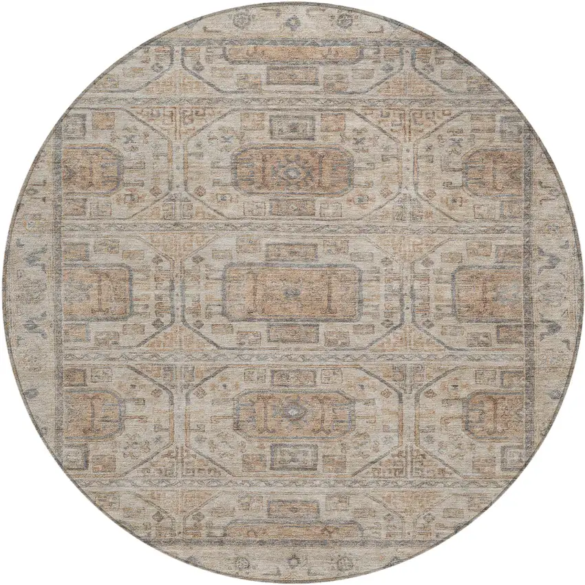 8' Beige And Brown Round Geometric Washable Indoor Outdoor Area Rug Photo 1