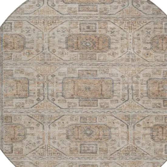 8' Beige And Brown Round Geometric Washable Indoor Outdoor Area Rug Photo 9