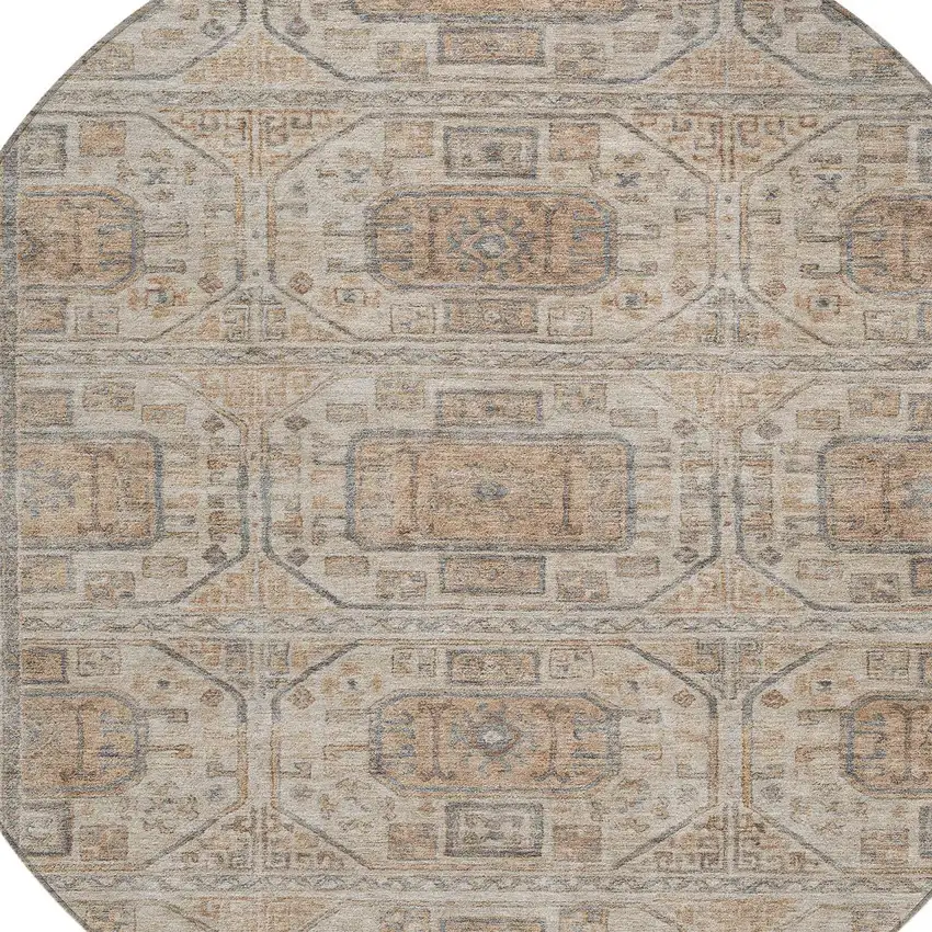 8' Beige And Brown Round Geometric Washable Indoor Outdoor Area Rug Photo 9