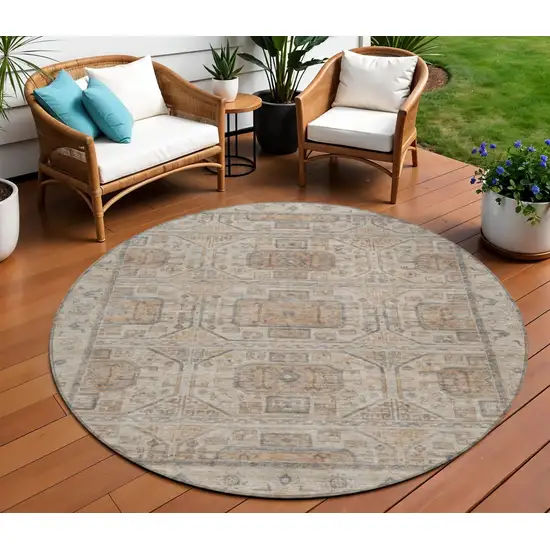8' Beige And Brown Round Geometric Washable Indoor Outdoor Area Rug Photo 2
