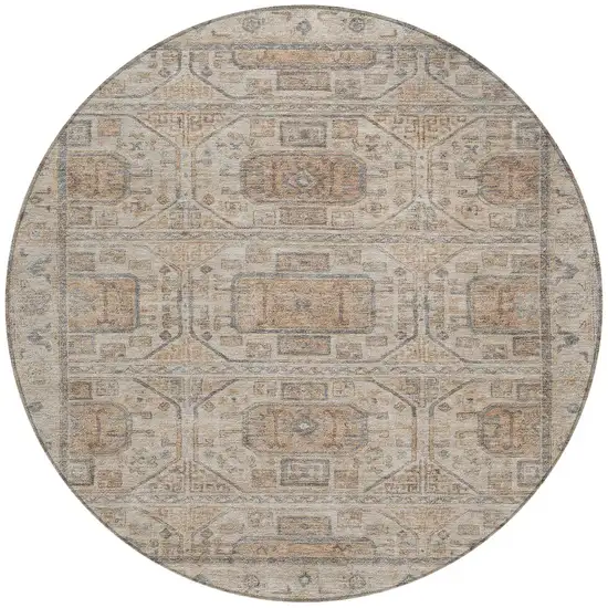 8' Beige And Brown Round Geometric Washable Indoor Outdoor Area Rug Photo 3