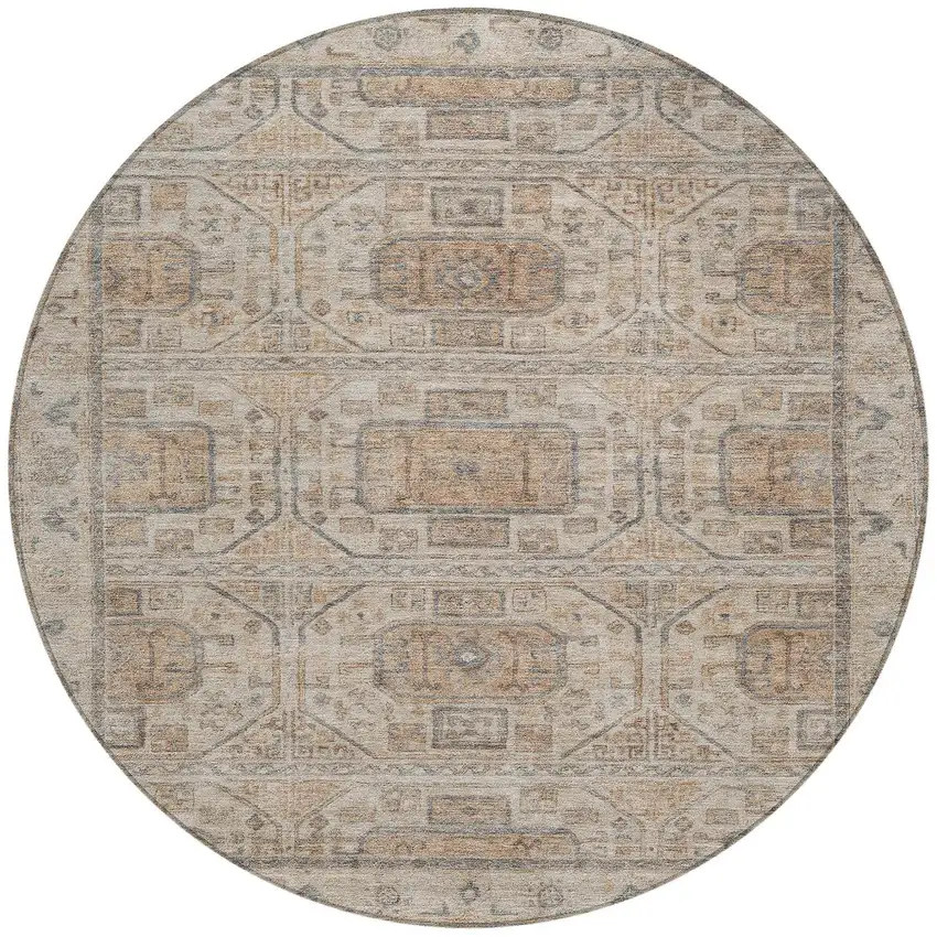 8' Beige And Brown Round Geometric Washable Indoor Outdoor Area Rug Photo 3