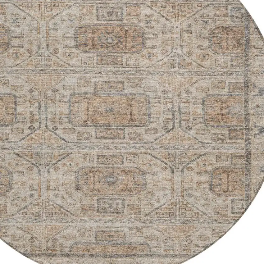 8' Beige And Brown Round Geometric Washable Indoor Outdoor Area Rug Photo 4
