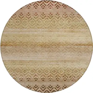 Photo of 8' Beige And Brown Round Geometric Washable Indoor Outdoor Area Rug