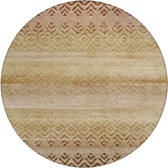 8' Beige And Brown Round Geometric Washable Indoor Outdoor Area Rug Photo 1