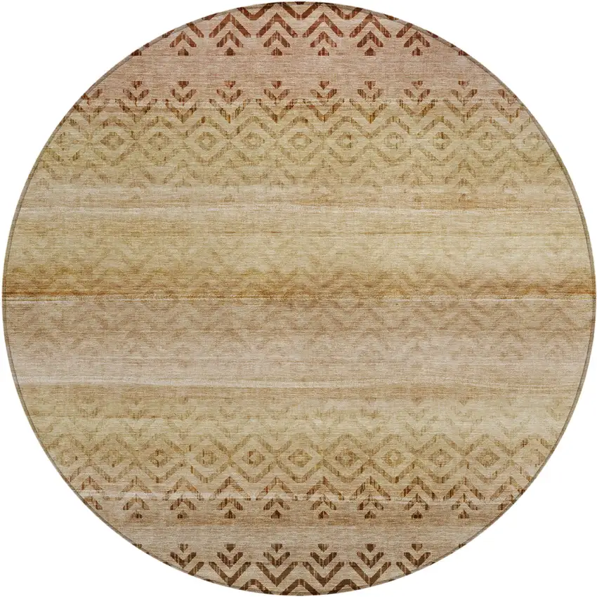 8' Beige And Brown Round Geometric Washable Indoor Outdoor Area Rug Photo 1
