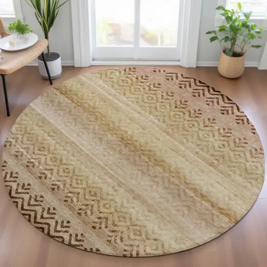 8' Beige And Brown Round Geometric Washable Indoor Outdoor Area Rug Photo 7