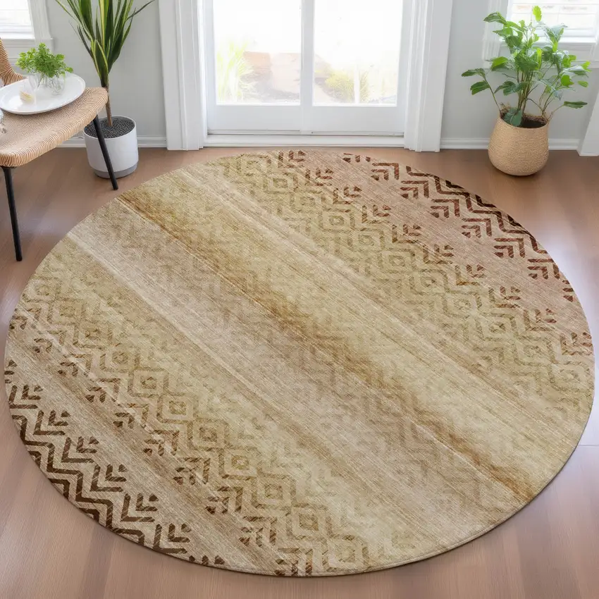8' Beige And Brown Round Geometric Washable Indoor Outdoor Area Rug Photo 7