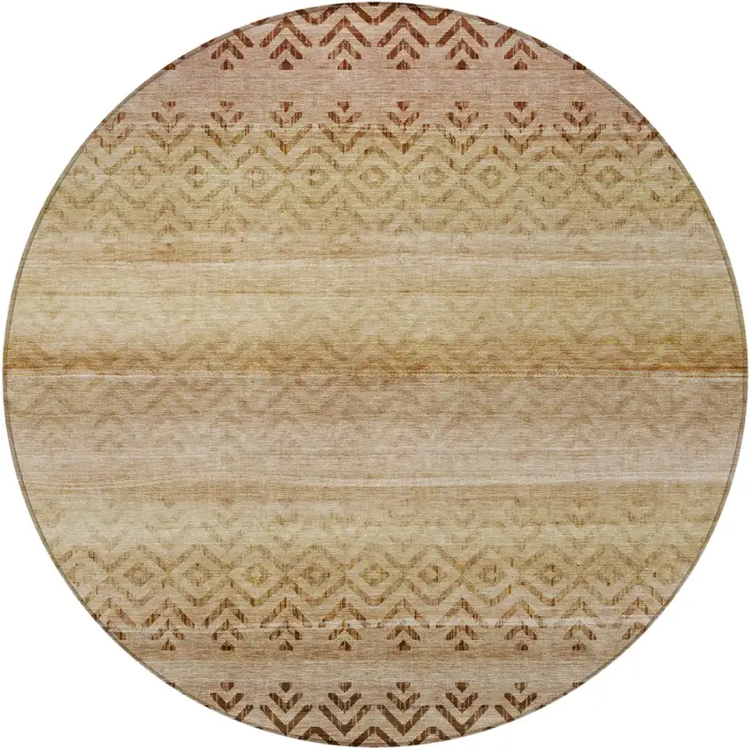 8' Beige And Brown Round Geometric Washable Indoor Outdoor Area Rug Photo 4