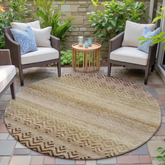 8' Beige And Brown Round Geometric Washable Indoor Outdoor Area Rug Photo 6