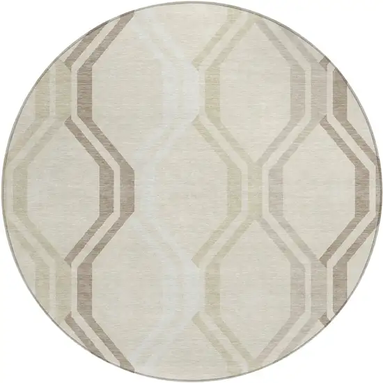 8' Beige And Brown Round Geometric Washable Indoor Outdoor Area Rug Photo 2