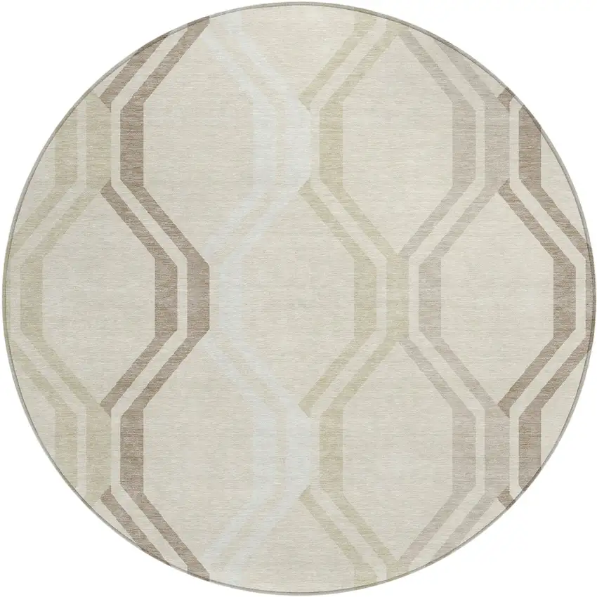 8' Beige And Brown Round Geometric Washable Indoor Outdoor Area Rug Photo 2