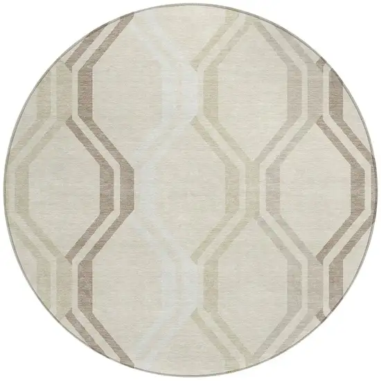 8' Beige And Brown Round Geometric Washable Indoor Outdoor Area Rug Photo 4